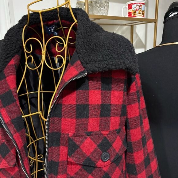 Chaps Red and Black Plaid Fringe Jacket with sherpa collar NWT Size XL - Picture 4 of 6